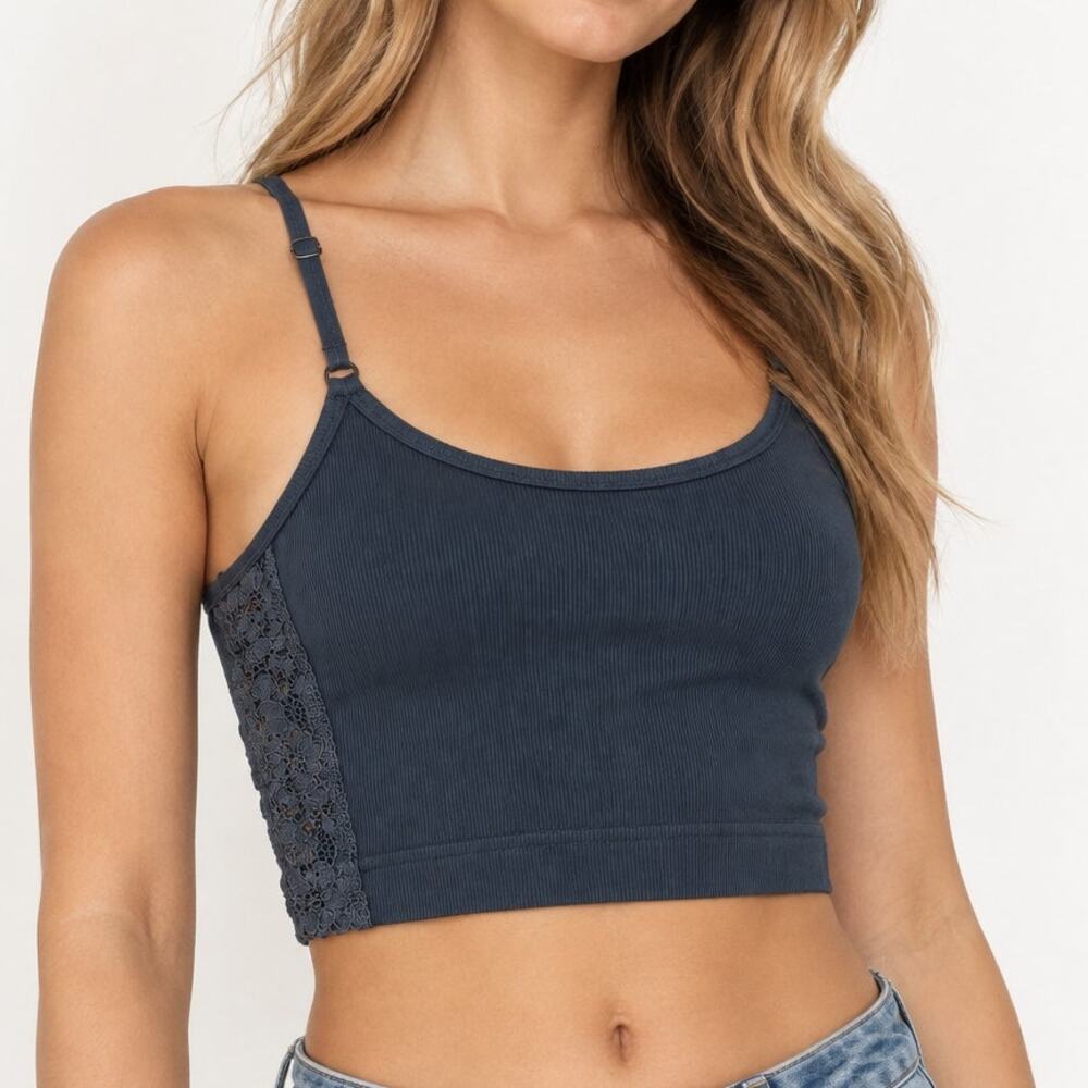 Charcoal Blue Lace Trim Cropped Cami Top
